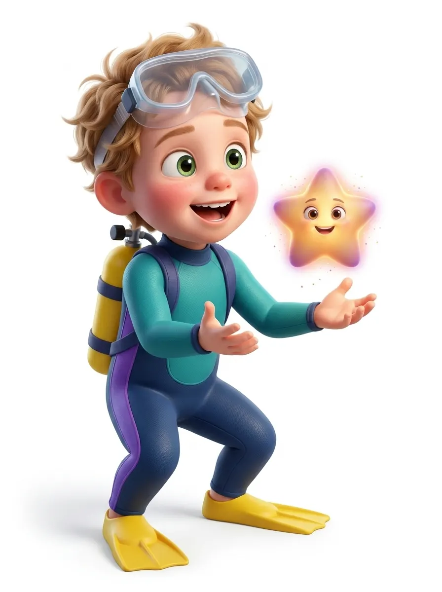 Child dressed as a scuba diver reaching for the Story Star