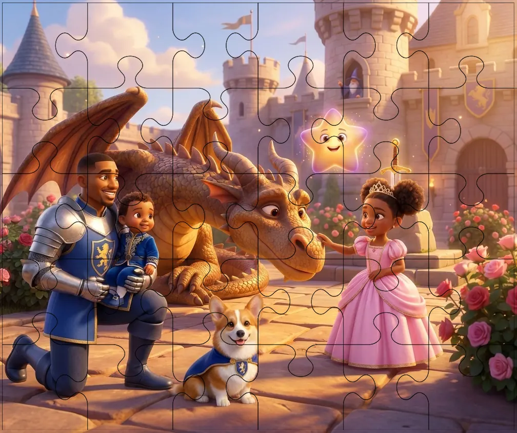 Completed 35-piece children's jigsaw puzzle laid out beside its printed gift box