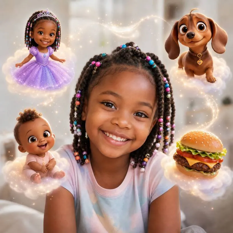 Smiling child surrounded by magical character ideas