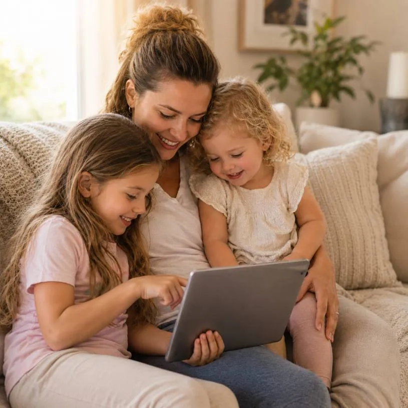 Mother and daughters reading together on a couch