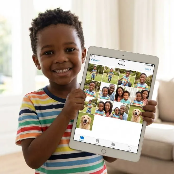 Child holding a tablet showing uploaded family photos