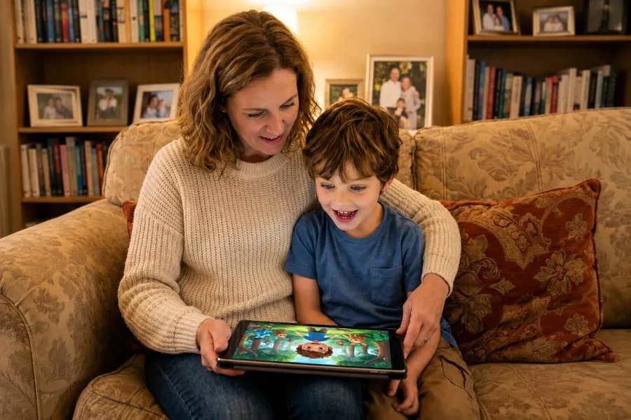Mother and son reviewing a story preview on a tablet
