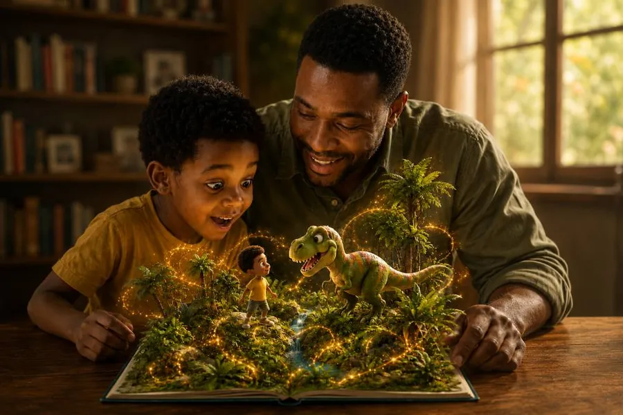 Father and son enjoying a magical pop-up storybook together