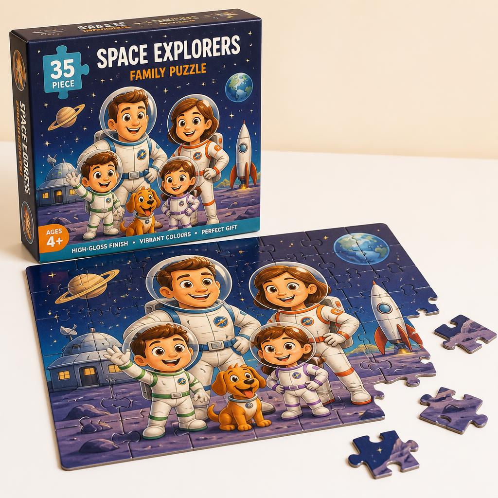 Chunky puzzle pieces spread across a table with a child's illustrated scene printed on them