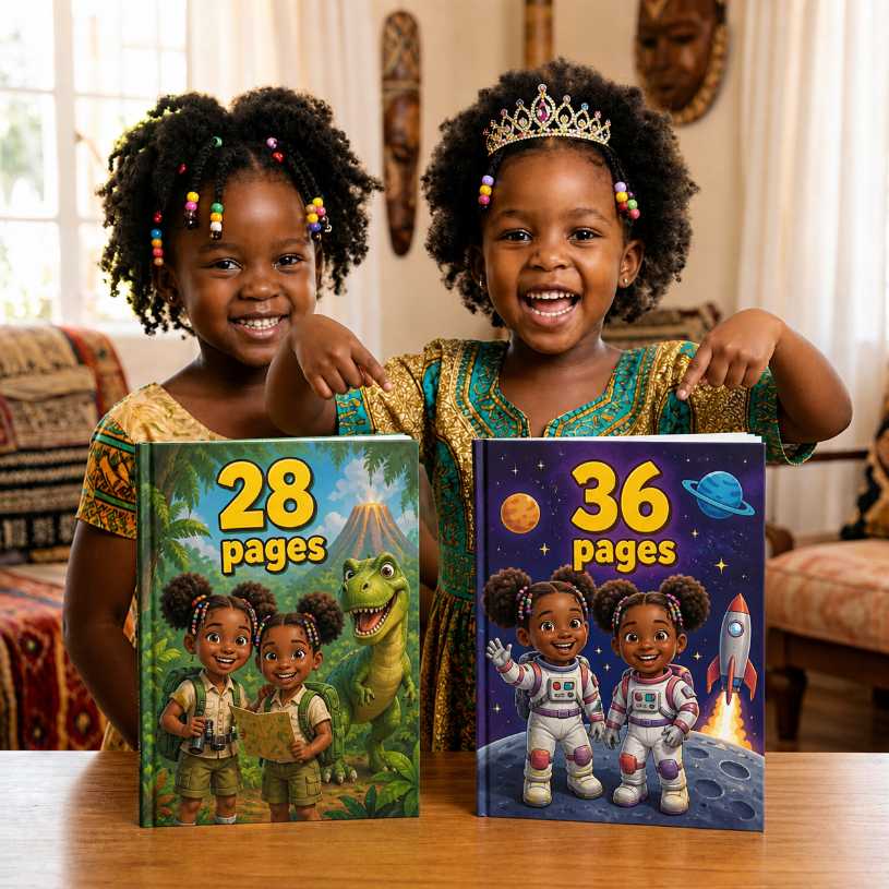 Pixar-style child looking at books of different sizes