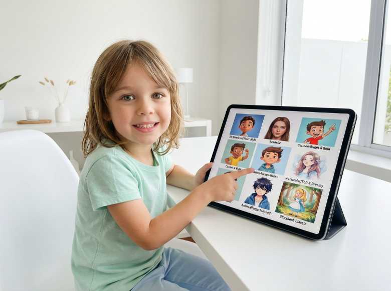 Pixar-style child painting a magical canvas with a giant brush