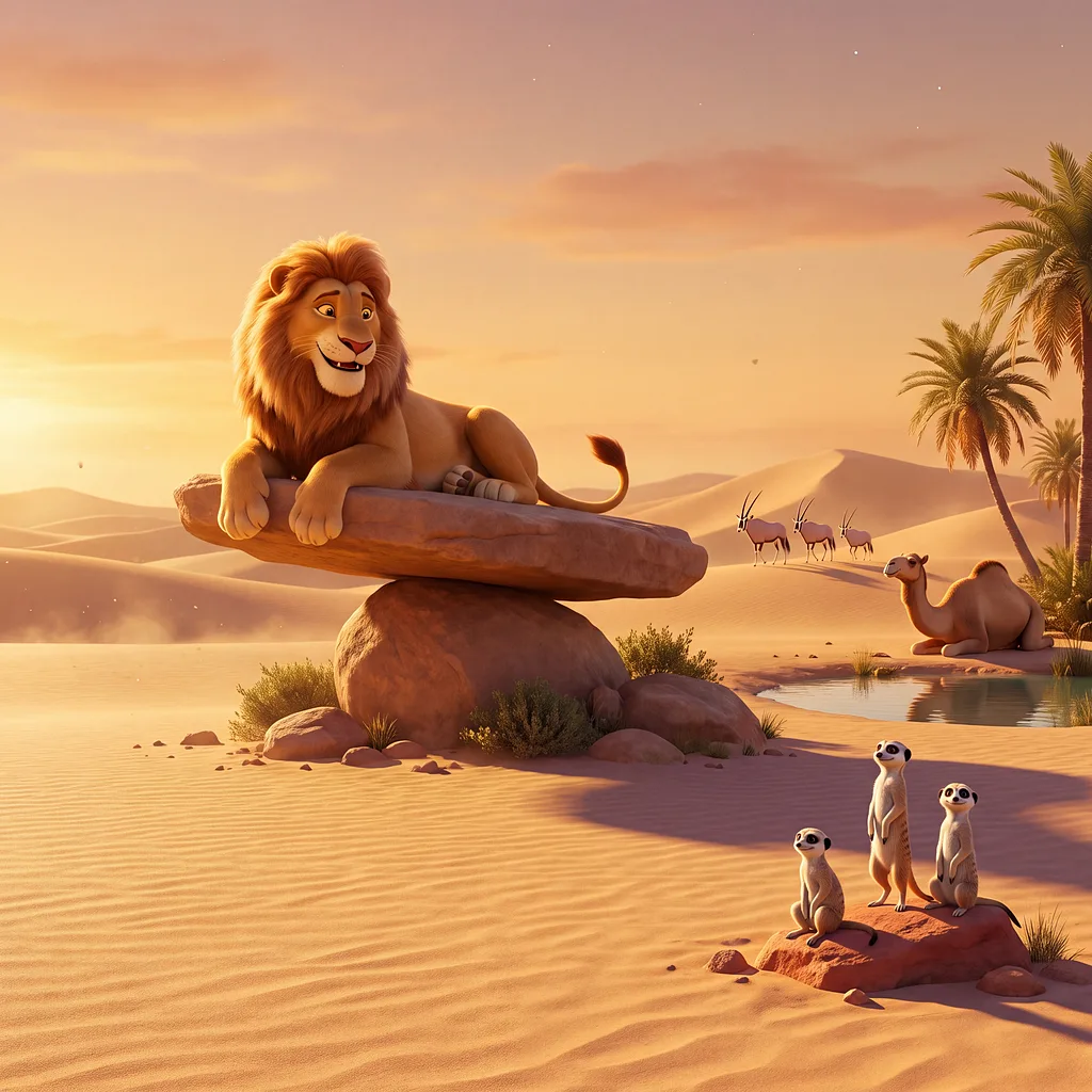 A child crossing golden sand dunes towards a desert oasis