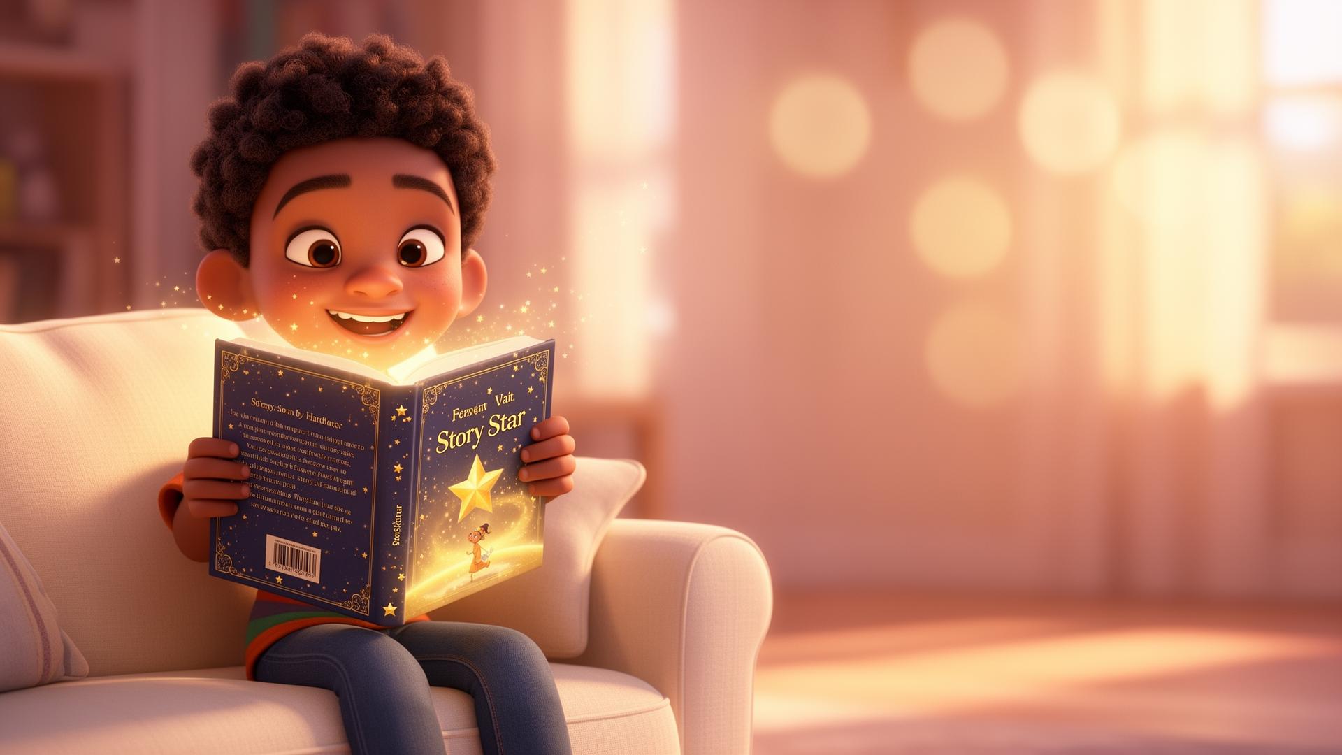 A smiling child on a cosy couch holding their personalised Story Star hardcover book