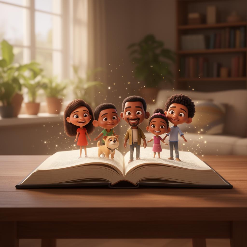 A glowing storybook with five smiling characters popping out of the pages, surrounded by sparkles